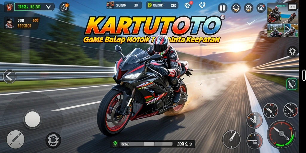 Tampilan gameplay KARTUTOTO menampilkan aksi balap motor yang mendebarkan.
