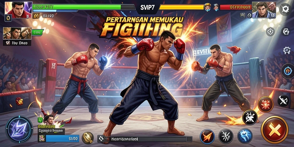 Gameplay dinamis SVIP7 dengan karakter bertarung hebat.